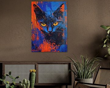 Zomer Kat Schilderij | Kat met Oranje Ogen van Abstract Schilderij