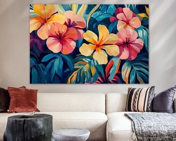 Tropische bloemen in levendige tinten van Digitale Schilderijen