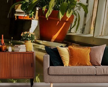 Zimmerpflanze & Spiegelung – Terrakottatopf am sonnigen Fenster | warme minimalistische Wohnkunst