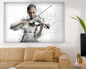 Mixed media werk van een mooie jonge vrouw, die viool speelt van Peter Pen tekeningen en schilderijen