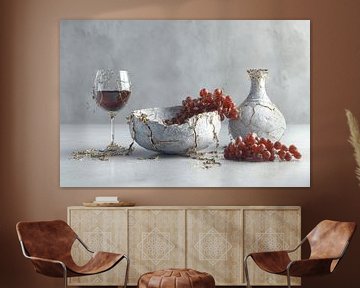 Stilleven met rode wijn en druiven, Kinstugi, Japandi, Wabi-Sabi van Peter Pen tekeningen en schilderijen
