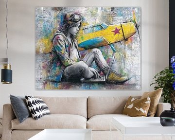 Kleurrijk graffiti schilderij van een meisje, met vliegtuig en wereldkaart van BowiScapes abstract en digitale kunst
