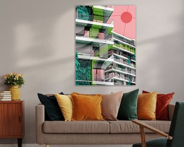 Geometrisch stadslandschap in roze en groen van Mixed media vector arts