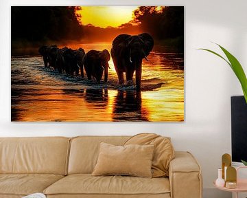 Olifanten bij gouden zonsondergang van Art & Soul Creations