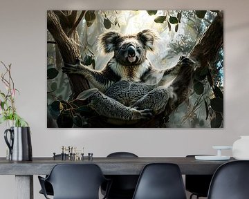 Meditating koala in eucalyptus tree