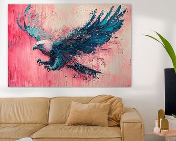 Zomer Vliegende Vogel | Adelaar Vliegend met Roze Achtergrond van Abstract Schilderij