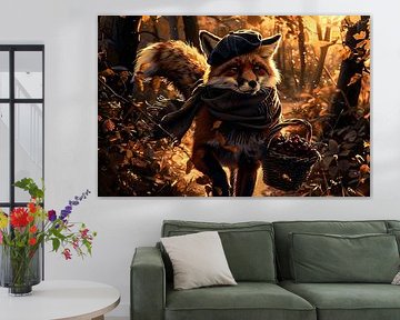 Renard dans un paysage d'automne avec un panier