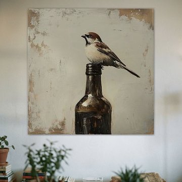 Moineau domestique sur une bouteille