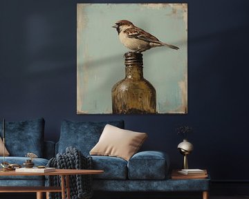 Stillleben mit Haussperling - Vogel auf Flasche in neutralen Farbtönen