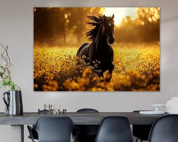 Horse in flower field at sunset by Art & Soul Creations