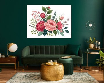 Levendig bloemstuk met pioenen en bessen van Artistic