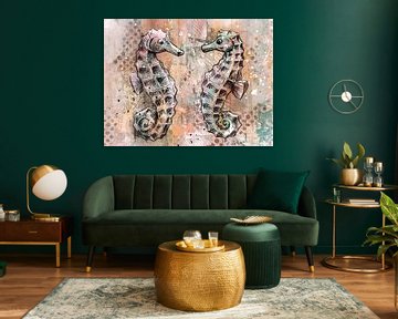Twee kleurige zeepaardjes - kunstwerk in mixed media - ondwerwater en maritiem
