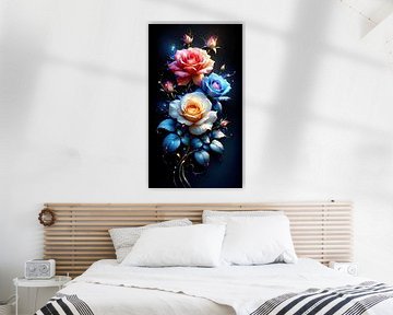 In de pracht van de koningin - Een poëtisch eerbetoon aan de roos in blauw, rood en goud (2 van 3) van AidasignArt