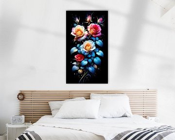 In de pracht van de koningin - Een poëtisch eerbetoon aan de roos in blauw, rood en goud (3 van 3) van AidasignArt