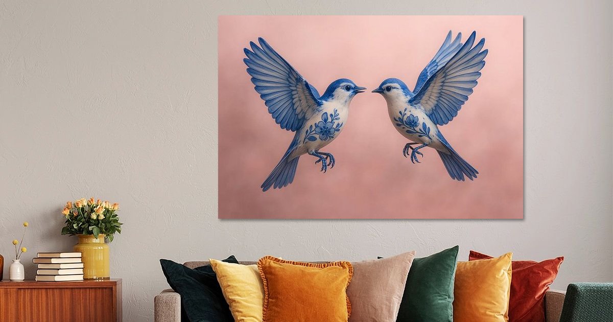 Vogel in Delfts blauw in winters landschap - Sfeer aan de Muur