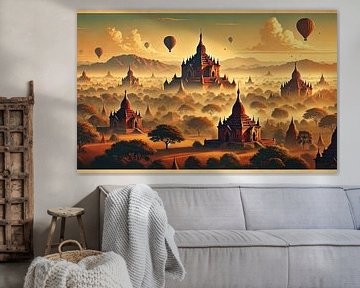 Affiche vintage de Bagan, Myanmar sur Chromatic Fusion Studio