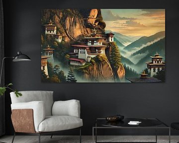 Vintage Bhutan, Mountain Monasteries Poster by Chromatic Fusion Studio