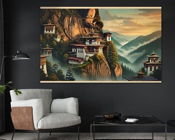 Poster vintage du Bhoutan, monastères de montagne sur Chromatic Fusion Studio