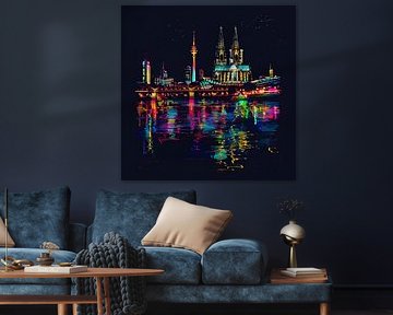 Cologne Cathedral Colonius Tower Rhine Neon black Skyline by gm_designs
