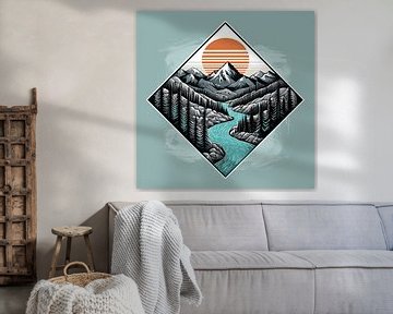 De serene Illustratie van de Rivierzonsondergang van de Berg van Artistic