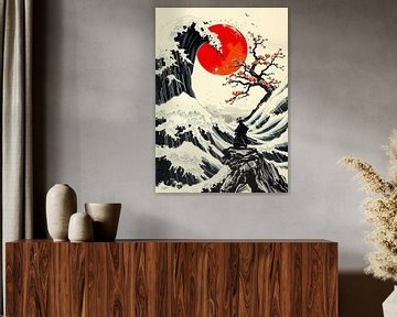 Samoerai, golven en rode maan kunst van MIROKKU