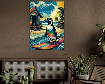 Surfende pinguïn op tropisch strand van MIROKKU