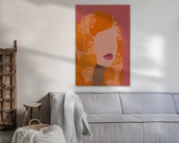 Retro portret in okergeel, roze op linnen van Dina Dankers