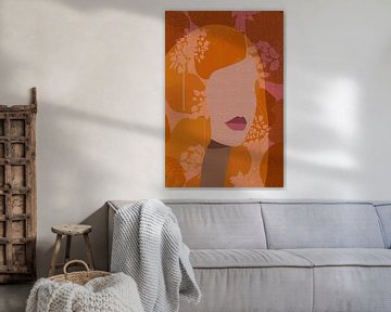 Retro portret in terracotta, oker, roze op linnen. van Dina Dankers