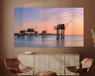 Vissershutten bij zonsondergang in Saint-Michel-Chef-Chef, Loire-Atlantique, Frankrijk van Henk Meijer Photography