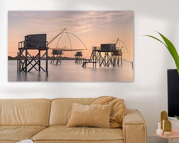 Fishing huts at sunset in Saint-Michel-Chef-Chef, Loire-Atlantique, France