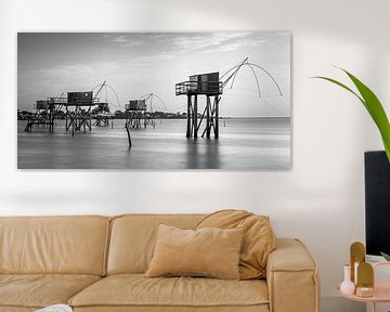 Fishing cabins in Black and White in Saint-Michel-Chef-Chef, Loire-Atlantique, France