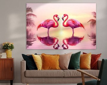 Elegante flamingo's bij zonsondergang van Art & Soul Creations
