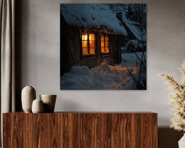 Winter sneeuw hut bos schemering raam gezelligheid