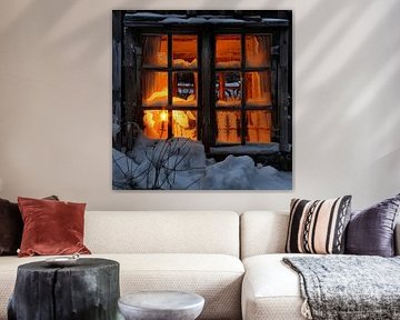 winterhut bos schemering licht raam gezelligheid rust
