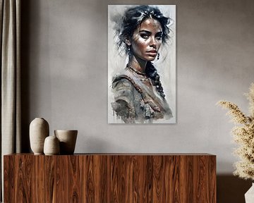 Een opvallend aquarel portret van een Indiase vrouw