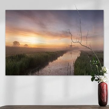 Windmühle The Hawk in Grootschermer am Ende des Grabens an einem nebligen Frühlingsmorgen