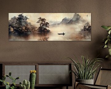 Mistige bergen en roeiboot op stil water Japandi panorama van Digitale Schilderijen