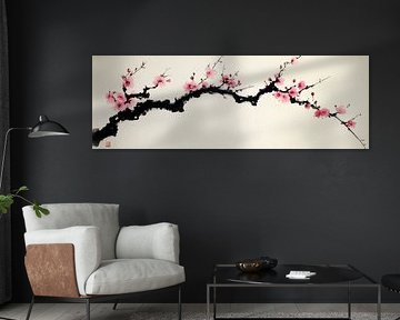 Minimalist blossom branch on white canvas Japandi panorama by Digitale Schilderijen