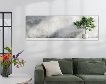 Bonsai in white pot against light wall with textured panorama by Digitale Schilderijen