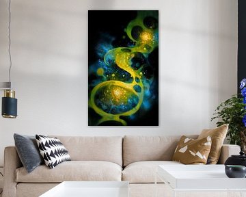Lichtgevende abstracte vormen in de duisternis van Transmutation Art