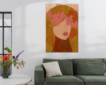 70s Retro portret in oker, roze vintage bloemenpatroon van Dina Dankers