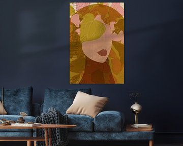70s Retro portret in oranje, roze, oker vintage bloemenpatroon van Dina Dankers