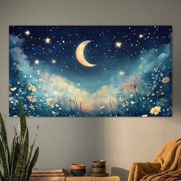 Mond über Blumenfeld in sternenklarer Nacht