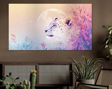 Luipaard in Dageraad vol Maanlicht en Bloemen van Eva Lee