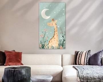 Giraffe onder Sikkelmaan in Bloementuin
