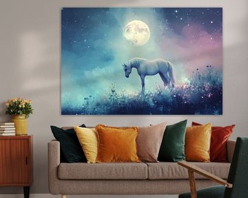 Paard in Maanlicht tussen Bloemen en Sterrenhemel van Eva Lee