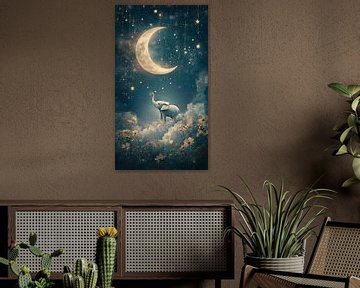 Olifant in Maanlicht tussen Sterren en Bloemen van Eva Lee
