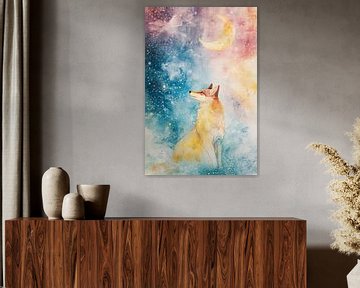 Wolf in Pastelhemel onder Sikkelmaan van Eva Lee