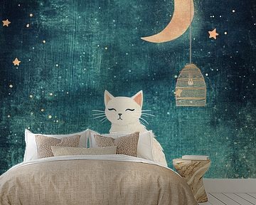 Cat under Crescent Moon in Starry Night by Eva Lee