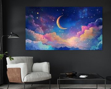 Maan boven Regenboogwolken in Sterrennacht van Eva Lee
